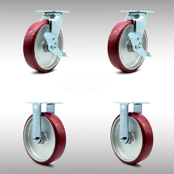 8 Inch SS Poly on Aluminum Caster Set with Ball Bearings 2 Brakes 2 Rigid SCC